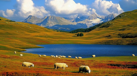 草原羊群蓝天白云