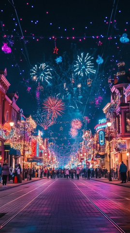 夜晚街道烟花盛放人群聚集的热闹景象