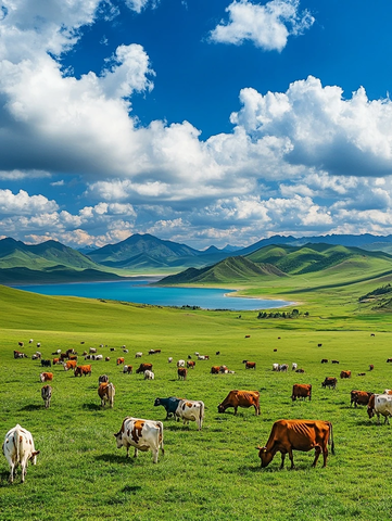 草地牛群蓝天湖泊