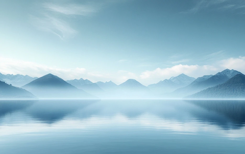 蓝天山峰平静水面
