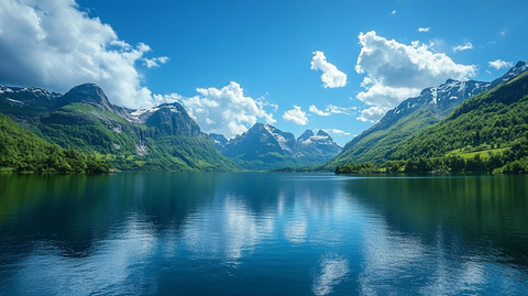 蓝天碧海绿山景