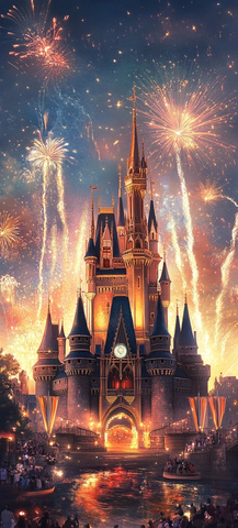 城堡上空绽放绚丽烟花的美丽夜景