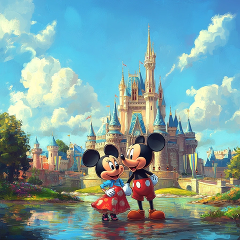 迪士尼城堡前米奇米妮的温馨时刻