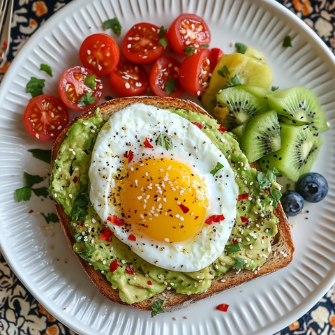 牛油果吐司配温泉蛋和番茄沙拉