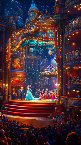 华丽舞台上的男女演员与台下观众的场景