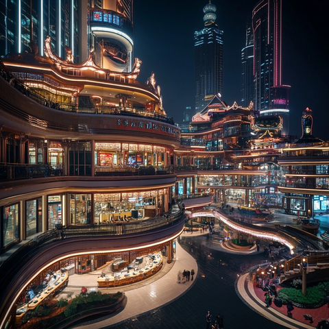 繁华商业中心夜景的多楼层商场