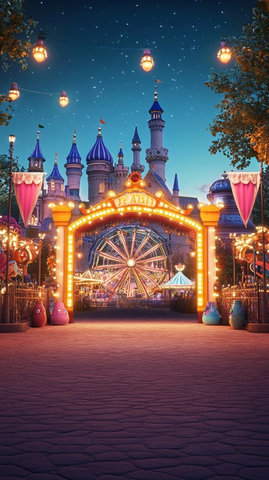 夜晚游乐园拱门内的摩天轮与城堡景观