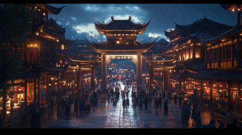 古色古香的中式建筑夜景街道全景