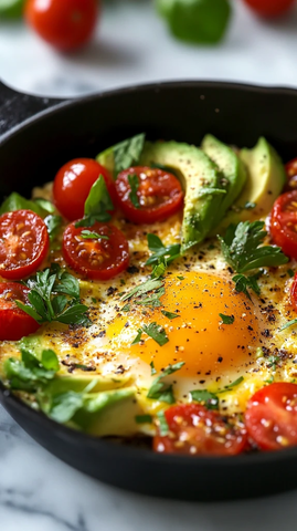 小铸铁锅烤蛋配番茄牛油果