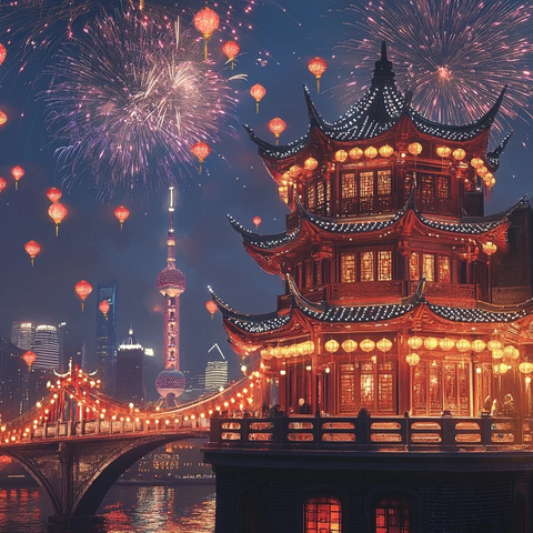 灯火辉煌的古建筑与东方明珠夜景
