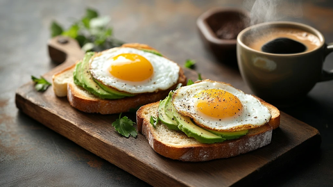 木板上的鳄梨吐司和太阳蛋