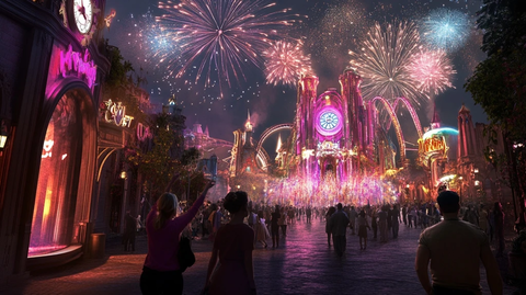 城堡前人群赏烟花的热闹夜景