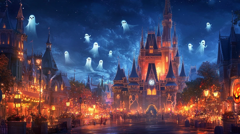 夜晚幽灵飞舞的童话城堡景象