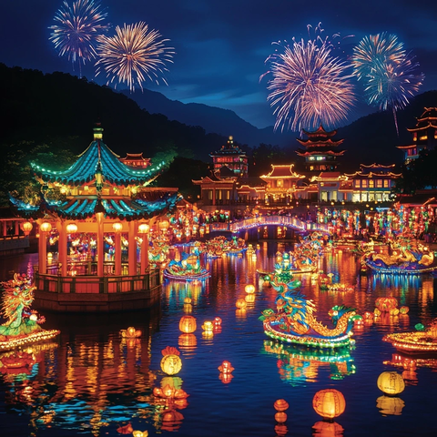 中式建筑夜景伴烟花和水上花灯秀