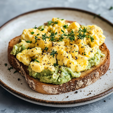 牛油果吐司配炒蛋和香草