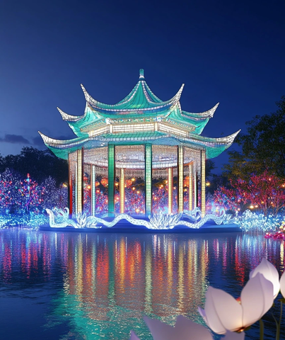 水上古亭夜景灯光璀璨色彩绚丽