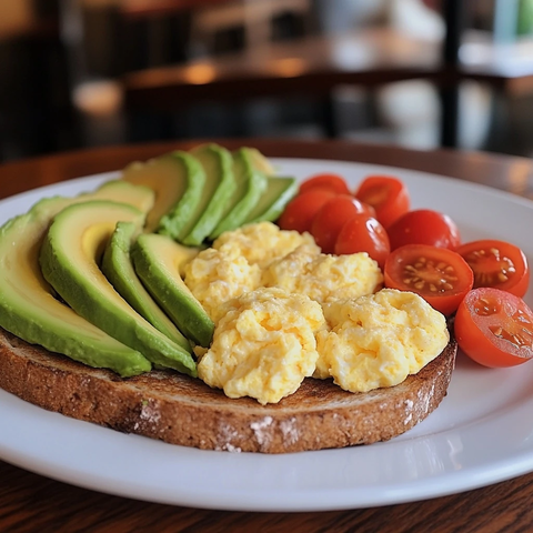 全麦吐司配炒蛋牛油果番茄
