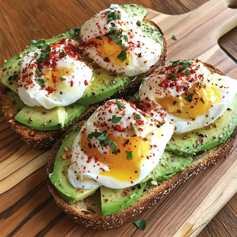 木板上的鳄梨吐司与水煮蛋