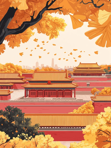 金黄银杏叶下的故宫秋日美景