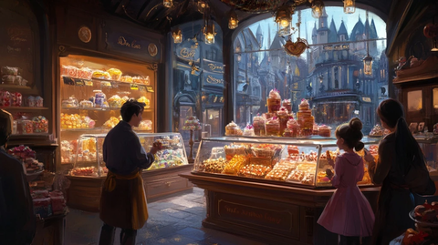 店内顾客选购糖果的魔法小镇商店场景
