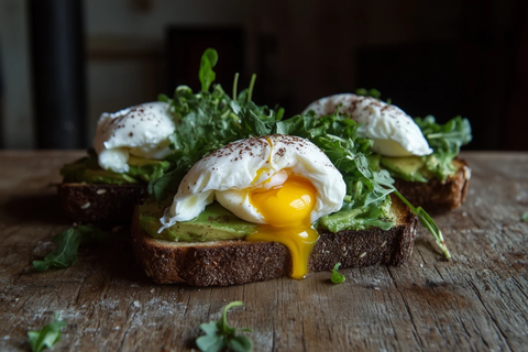 牛油果吐司配水煮蛋和绿叶