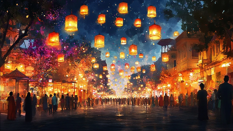 挂满灯笼的热闹街道夜景