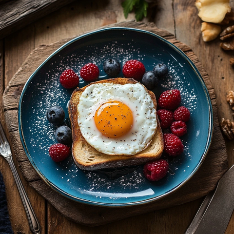木桌早餐鸡蛋吐司莓果