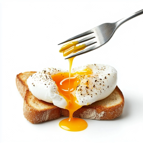 叉子穿透蛋液流溢到吐司