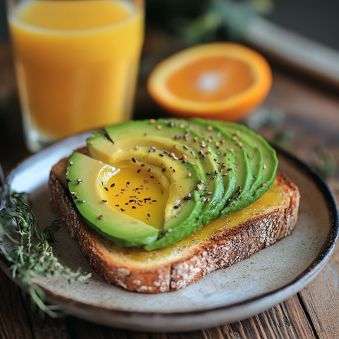 牛油果吐司配橙汁木桌近景