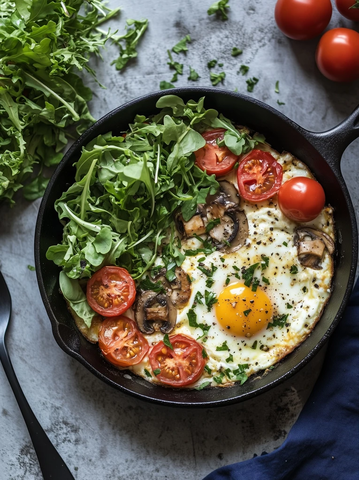 蘑菇蛋番茄煎锅配沙拉
