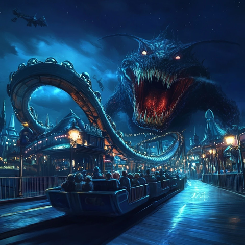 夜晚游乐园中巨龙旁的过山车