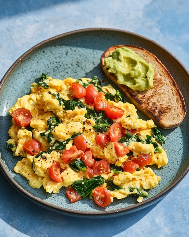 番茄菠菜炒蛋配牛油果吐司