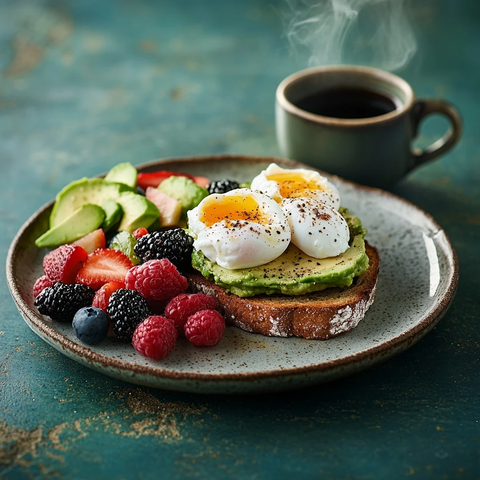 牛油果吐司配水煮蛋和水果