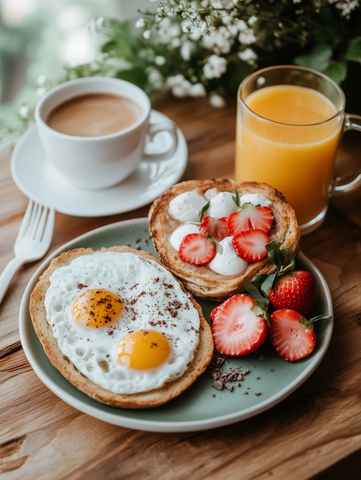 草莓派早餐鸡蛋面包咖啡橙汁