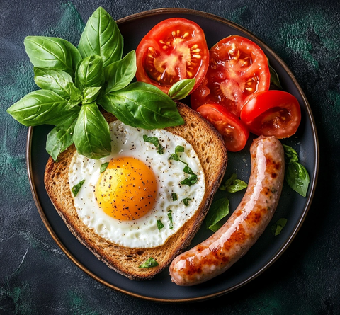 早餐盘中的吐司香肠与鸡蛋
