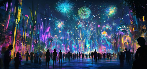 人群聚集处绚烂多彩的烟花夜景