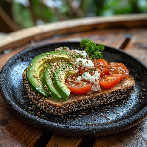 陶瓷盘上的牛油果金枪鱼吐司