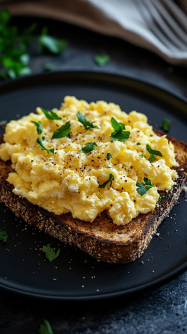 黑盘上的全麦吐司炒蛋