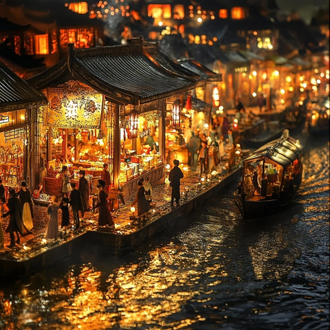 灯火辉煌的水乡夜景