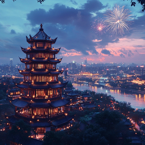 古楼阁夜景烟花下的城市灯火璀璨全景