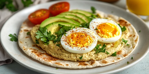 全谷物皮塔饼配牛油果煮蛋