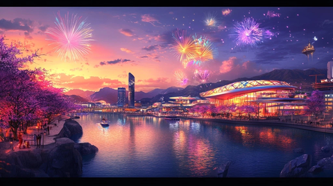 城市河畔夜景烟花盛放的美丽景象