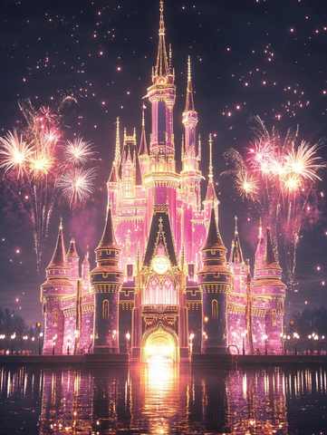 城堡夜景烟花盛放的璀璨景象