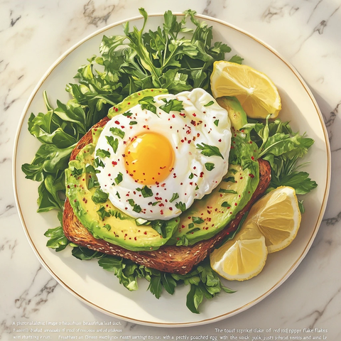 牛油果吐司配温泉蛋和混合绿叶