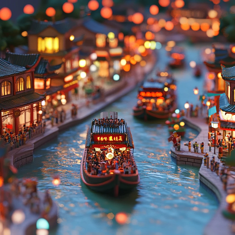 江南水乡夜景游船灯火通明的热闹景象