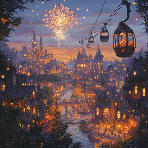 灯火辉煌的小镇夜景与空中缆车