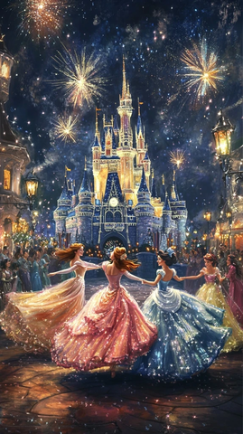 迪士尼城堡前翩翩起舞的公主们