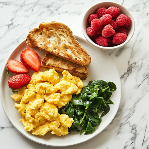 全麦吐司配炒蛋菠菜水果