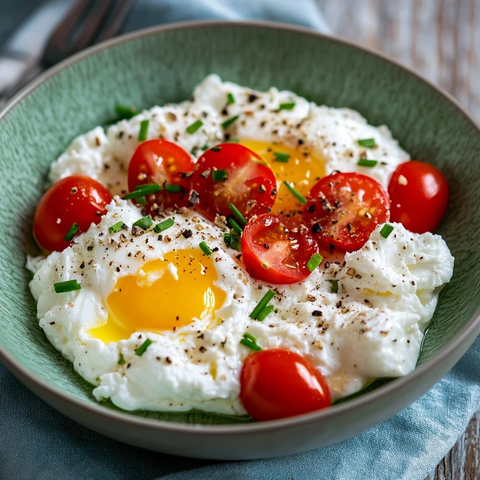 绿色碗装鸡蛋番茄早餐