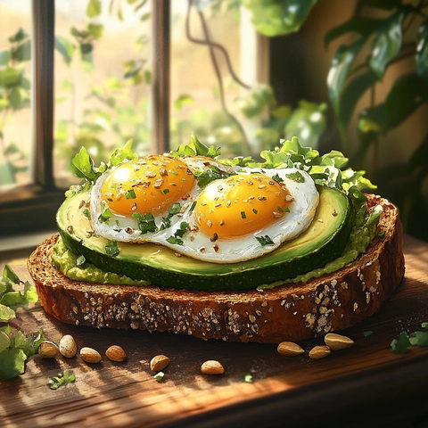 牛油果吐司配鸡蛋坚果绿叶